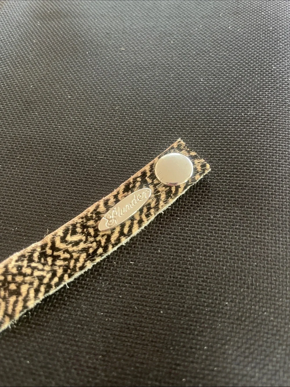 Plunder Brown Zebra Print Leather Snap Bracelet. Silver rectangular ID tag. NEW